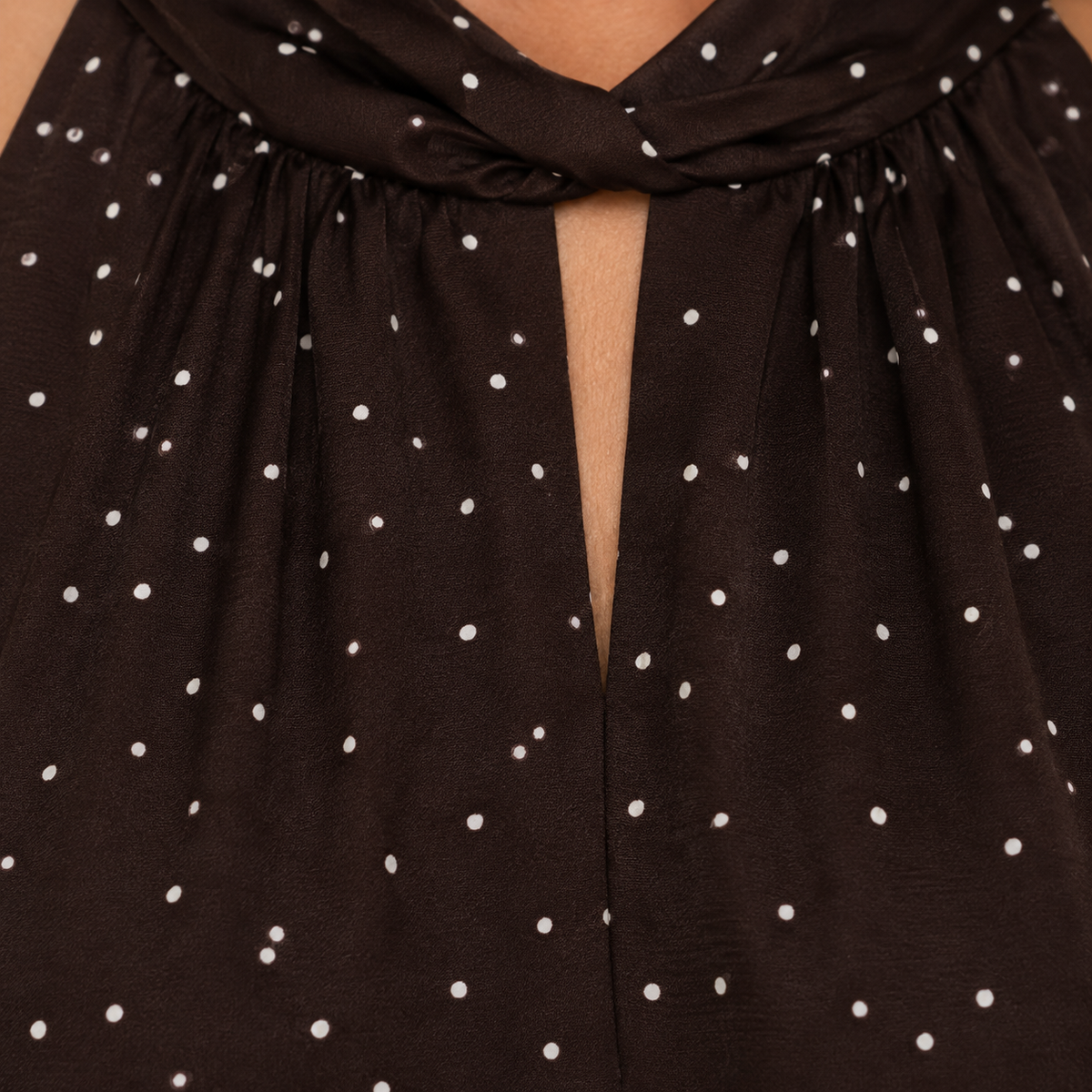 Dark Brown Polka-Dot Halter Blouse with Keyhole Neckline