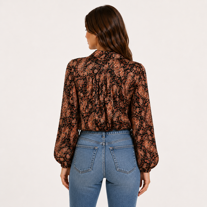 Black Paisley Tie-Front Blouse with Long Sleeves