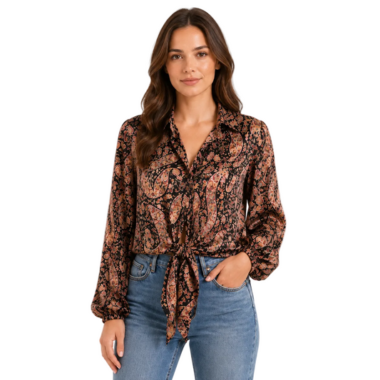 Black Paisley Tie-Front Blouse with Long Sleeves