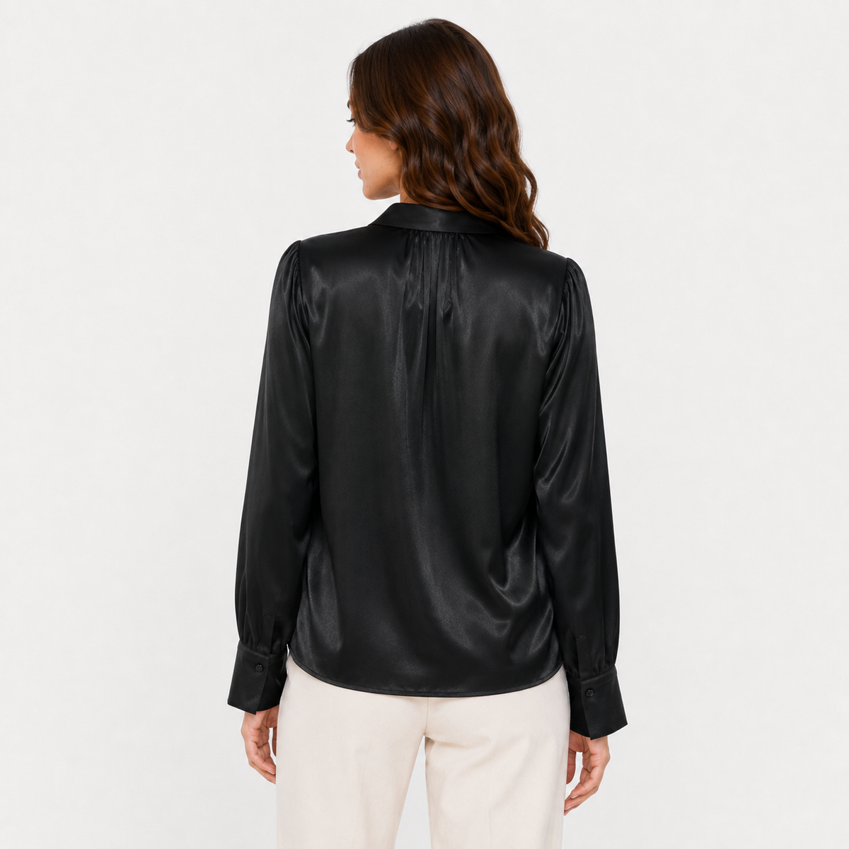 Black Satin Tie-Neck Blouse with Long Sleeves