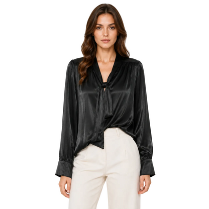 Black Satin Tie-Neck Blouse with Long Sleeves