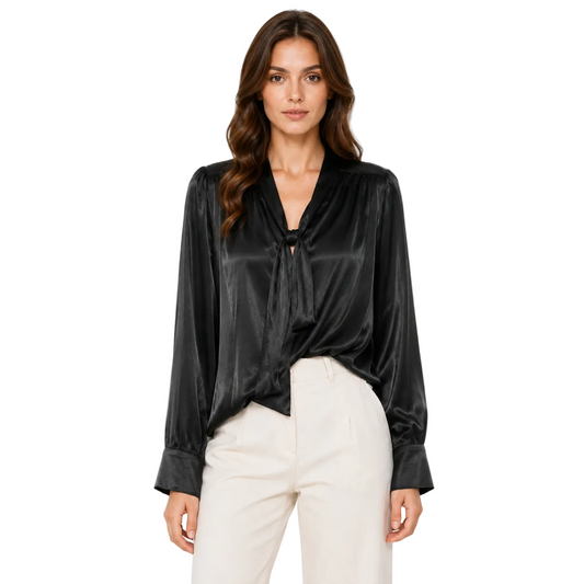 Black Satin Tie-Neck Blouse with Long Sleeves