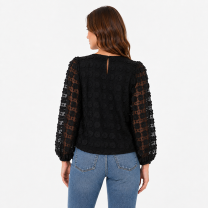Black Textured Sheer-Sleeve Blouse