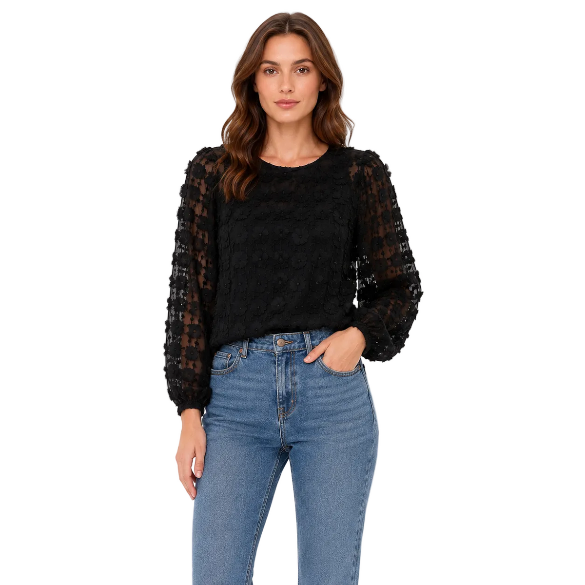 Black Textured Sheer-Sleeve Blouse