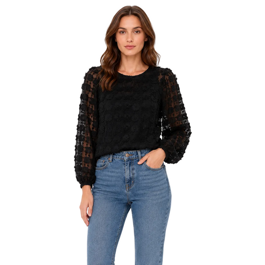 Black Textured Sheer-Sleeve Blouse