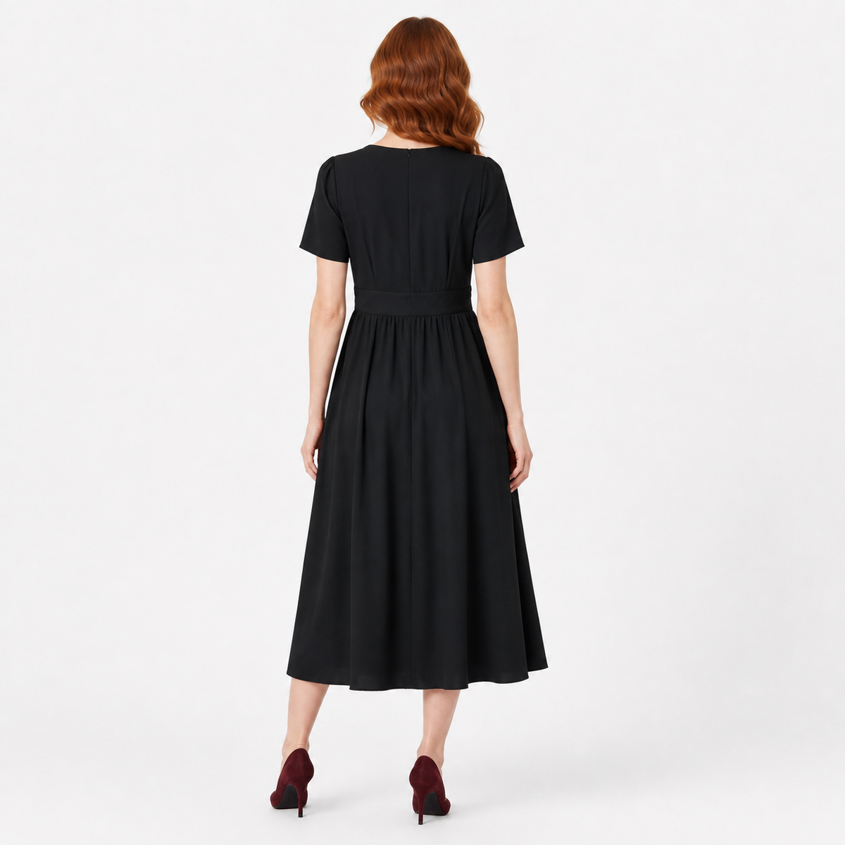 Black V-Neck Midi Dress with Gathered Waist