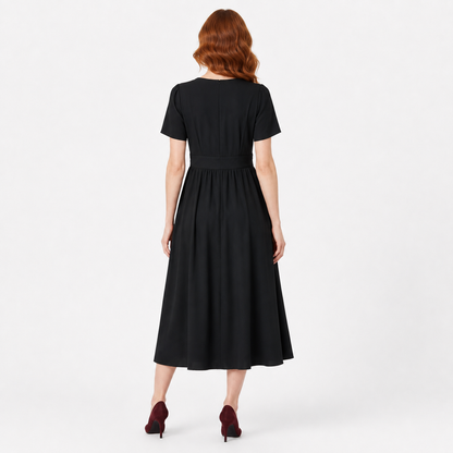 Black V-Neck Midi Dress with Gathered Waist