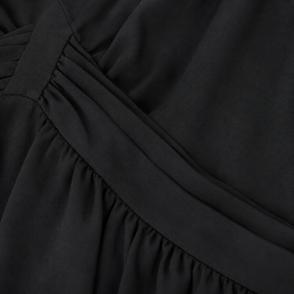 Black V-Neck Midi Dress with Gathered Waist