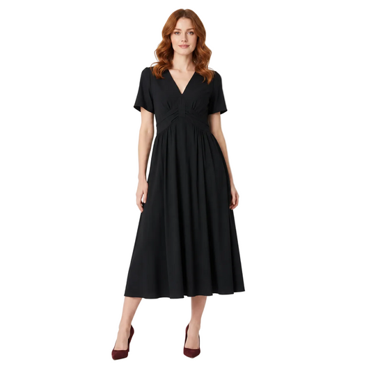 Black V-Neck Midi Dress with Gathered Waist