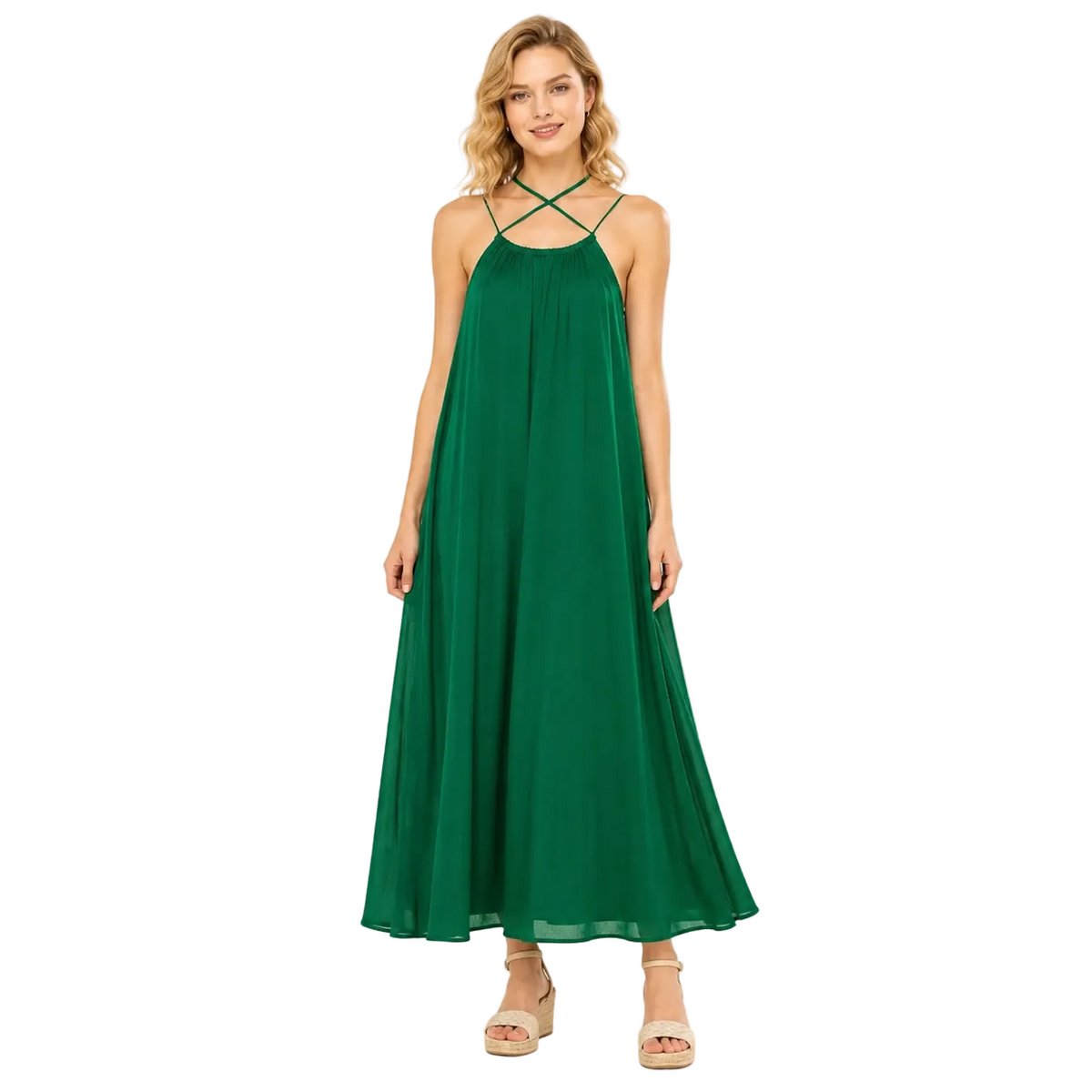 Emerald Green Strappy Maxi Dress with Cross-Neck Detail