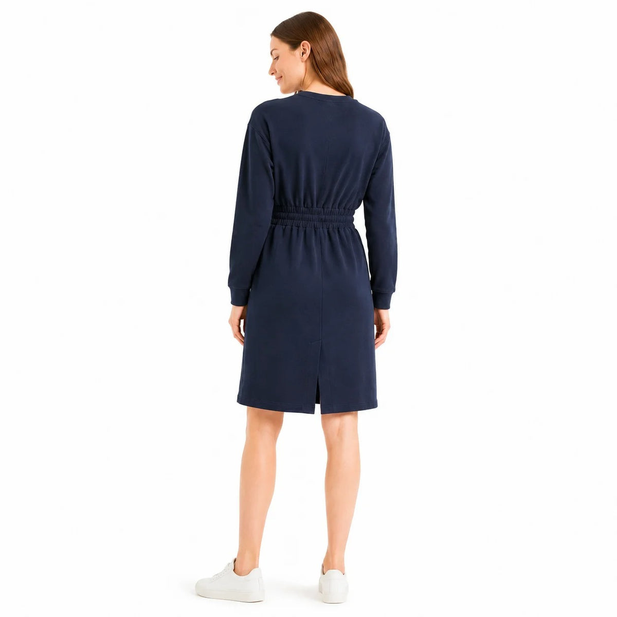 Navy Blue Long-Sleeve Dress with Drawstring Waist