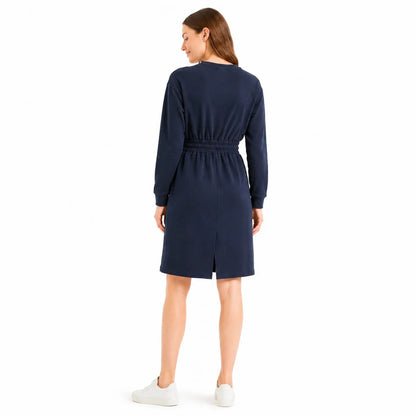 Navy Blue Long-Sleeve Dress with Drawstring Waist