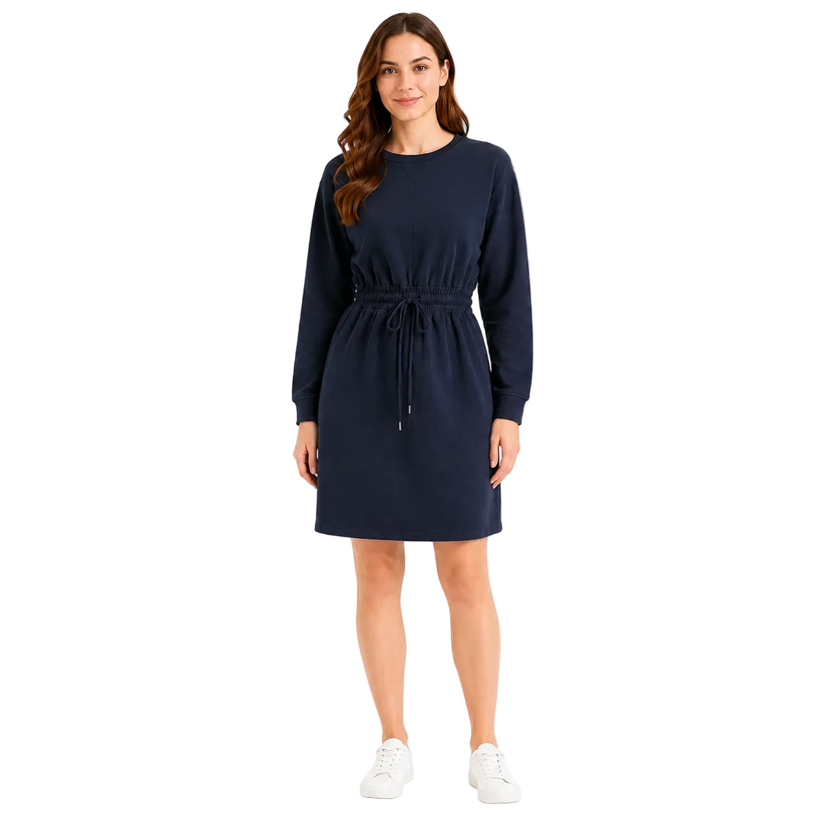 Navy Blue Long-Sleeve Dress with Drawstring Waist