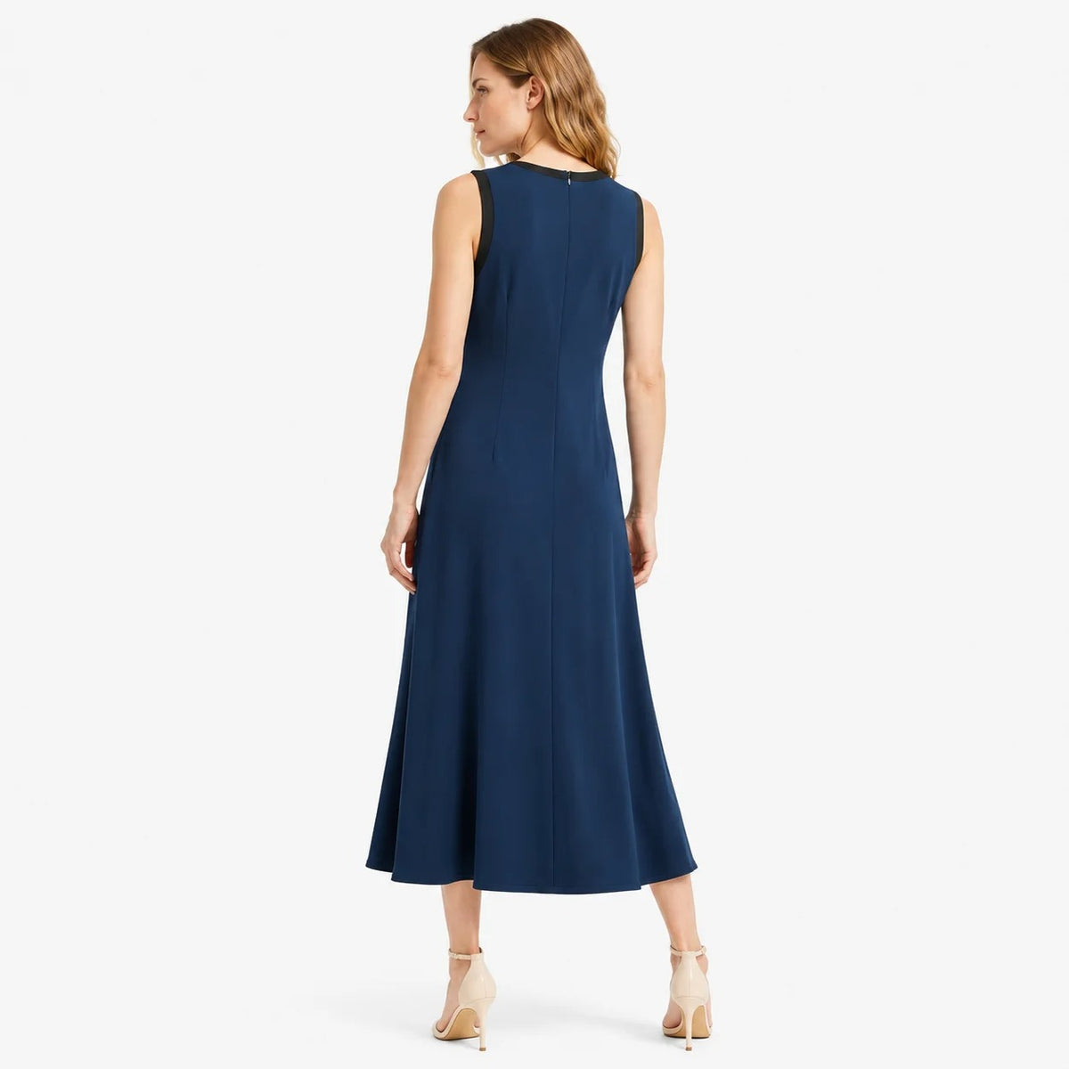 Navy Blue Sleeveless Maxi Dress with Contrast Trim
