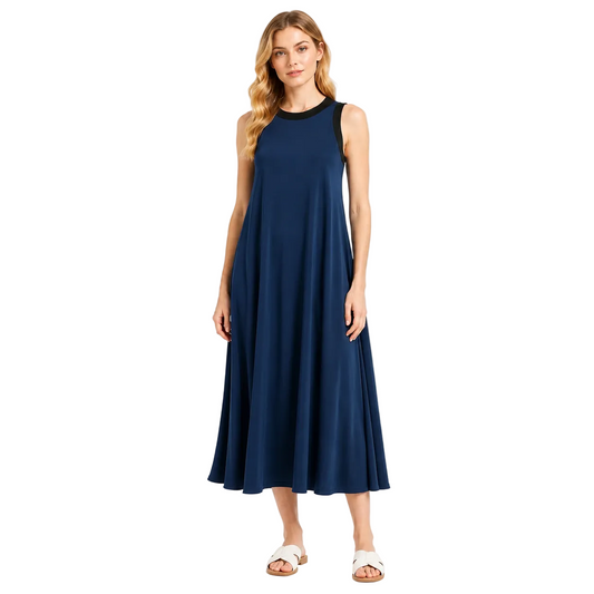 Navy Blue Sleeveless Maxi Dress with Contrast Trim