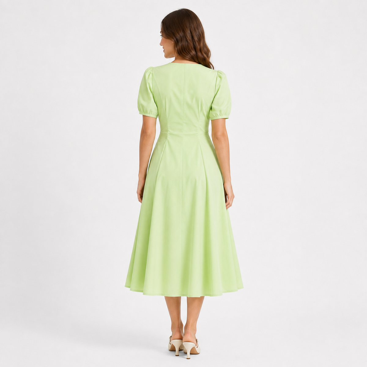 Pale Green Puff-Sleeve Midi Dress with Ruched Waist