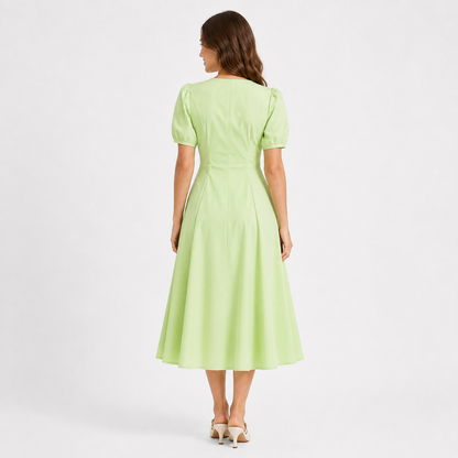 Pale Green Puff-Sleeve Midi Dress with Ruched Waist