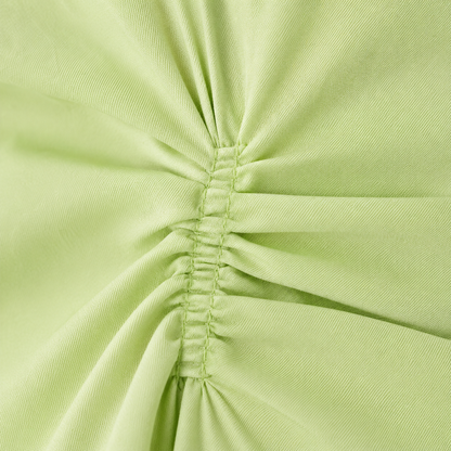 Pale Green Puff-Sleeve Midi Dress with Ruched Waist