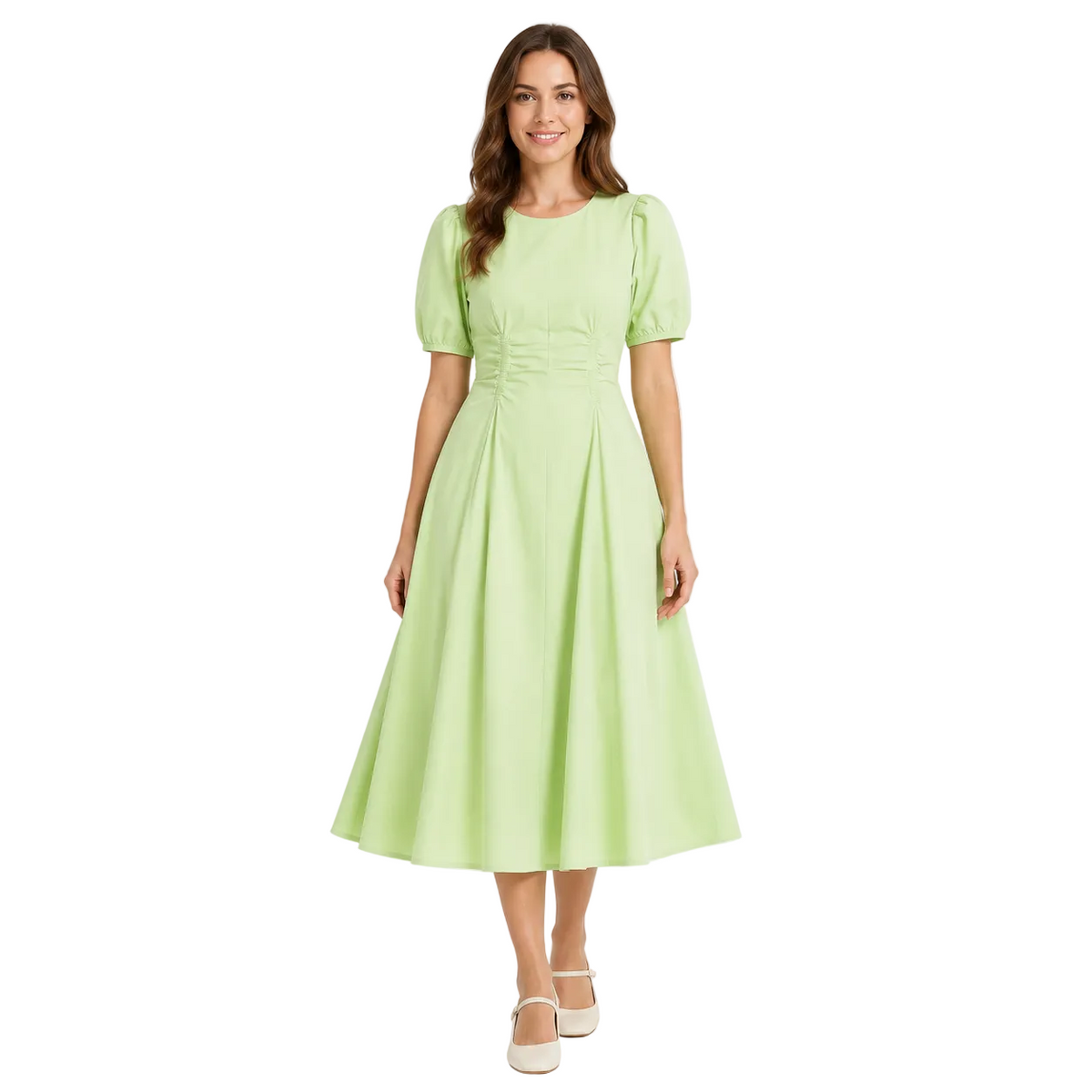 Pale Green Puff-Sleeve Midi Dress with Ruched Waist