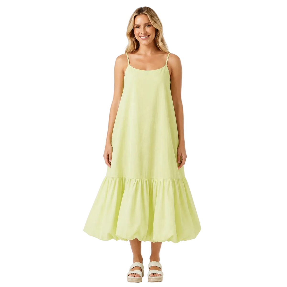 Pale Lime Green Cami Midi Dress with Gathered Hem