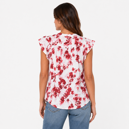 White Floral Flutter-Sleeve Blouse