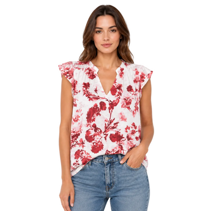 White Floral Flutter-Sleeve Blouse