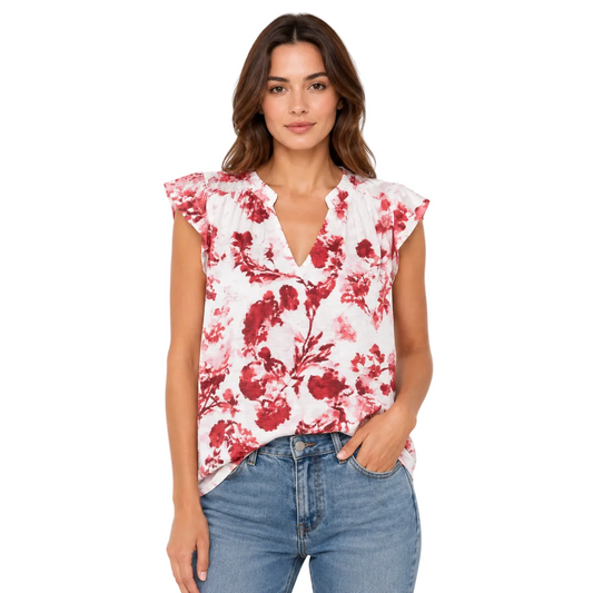 White Floral Flutter-Sleeve Blouse