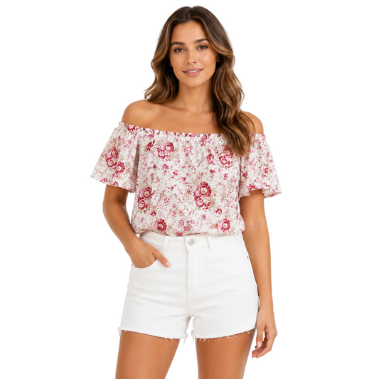 White Floral Off-Shoulder Blouse with Short Sleeves