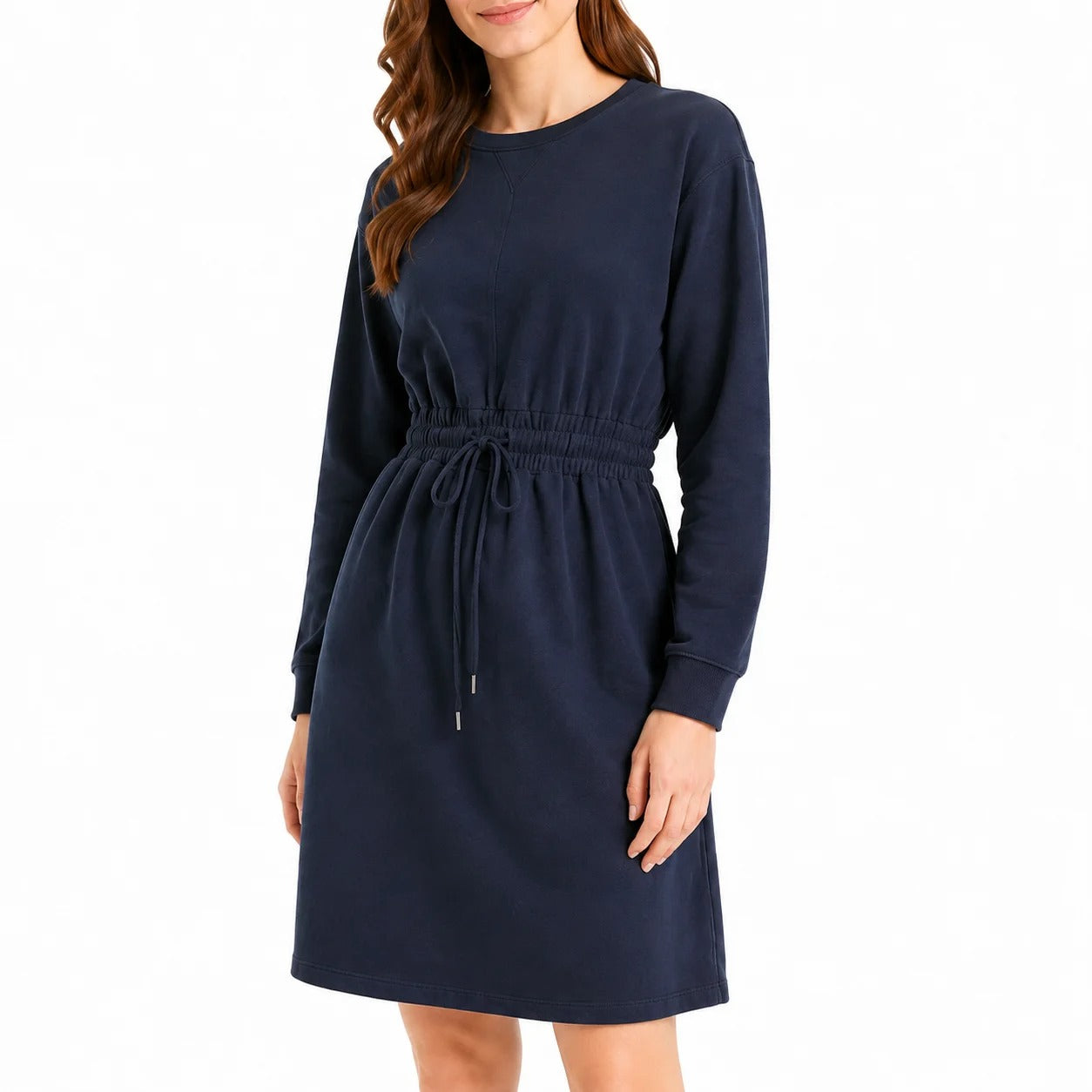 Long-Sleeve Sweatshirt Dress with Drawstring Waist in Navy
