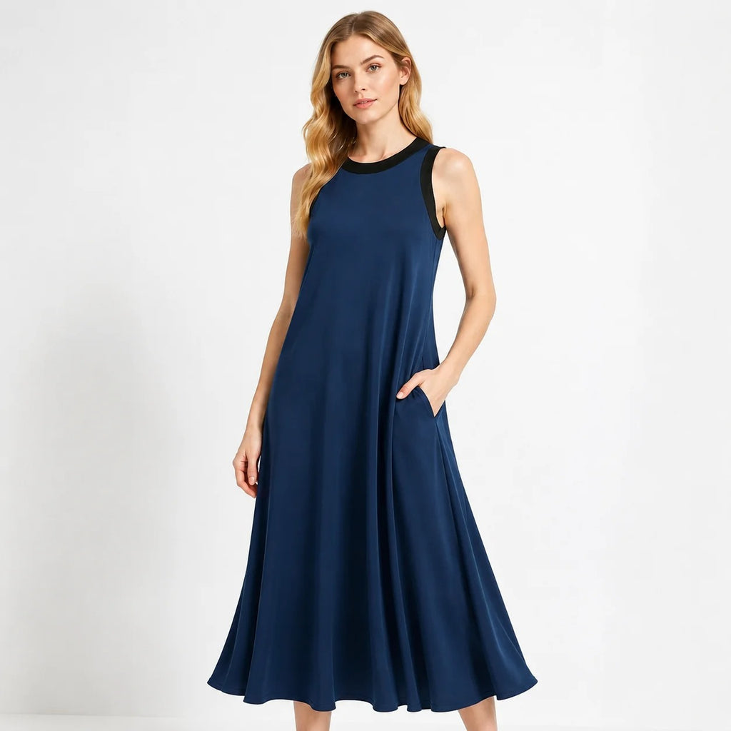 Sleeveless A-Line Midi Dress in Navy with Contrast Trim