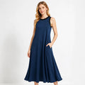Sleeveless A-Line Midi Dress in Navy with Contrast Trim