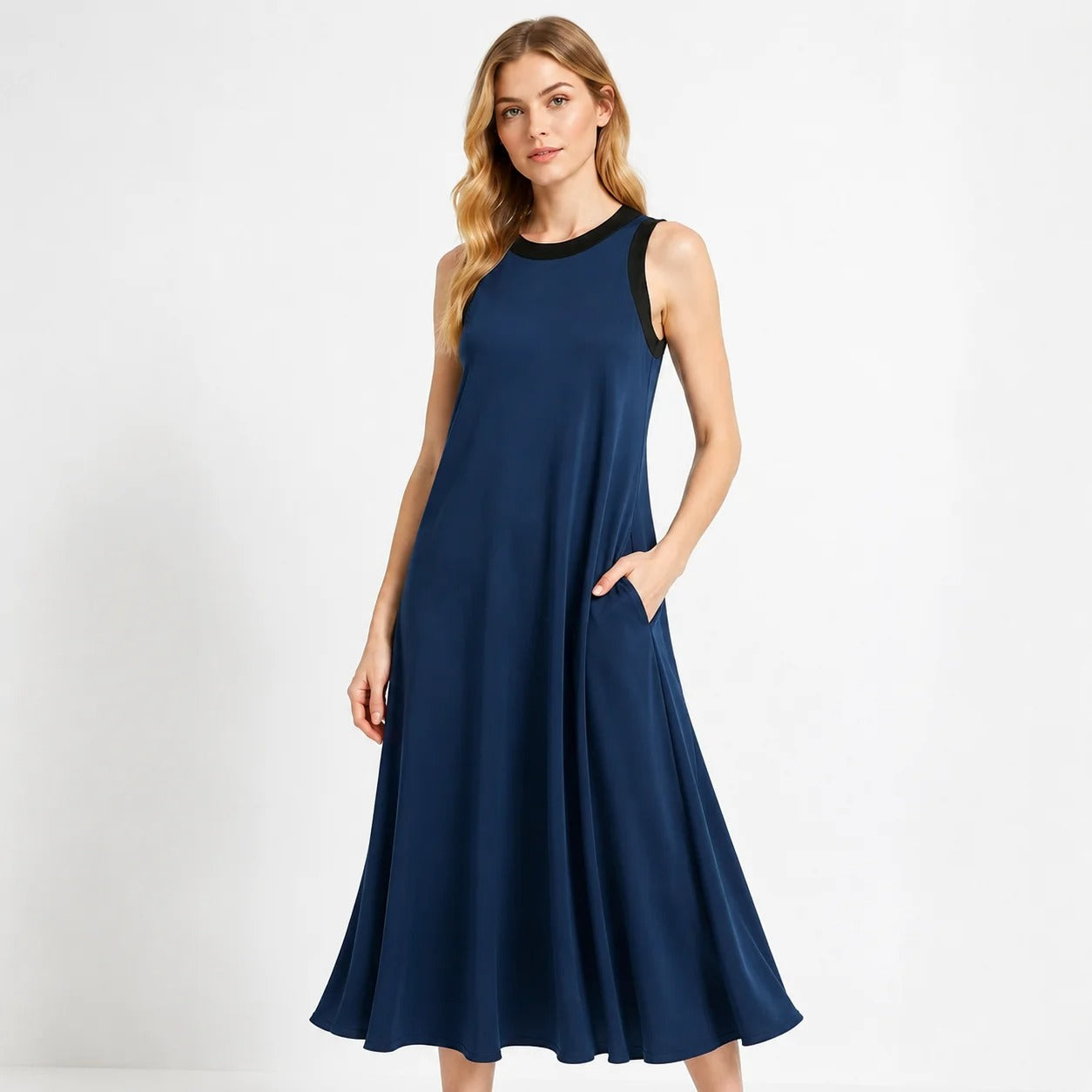 Sleeveless A-Line Midi Dress in Navy with Contrast Trim