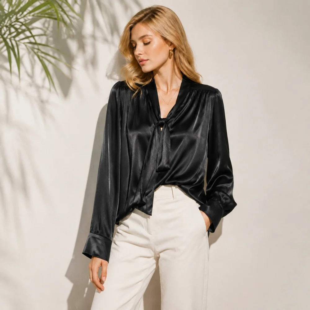 Satin Tie-Neck Blouse in Black