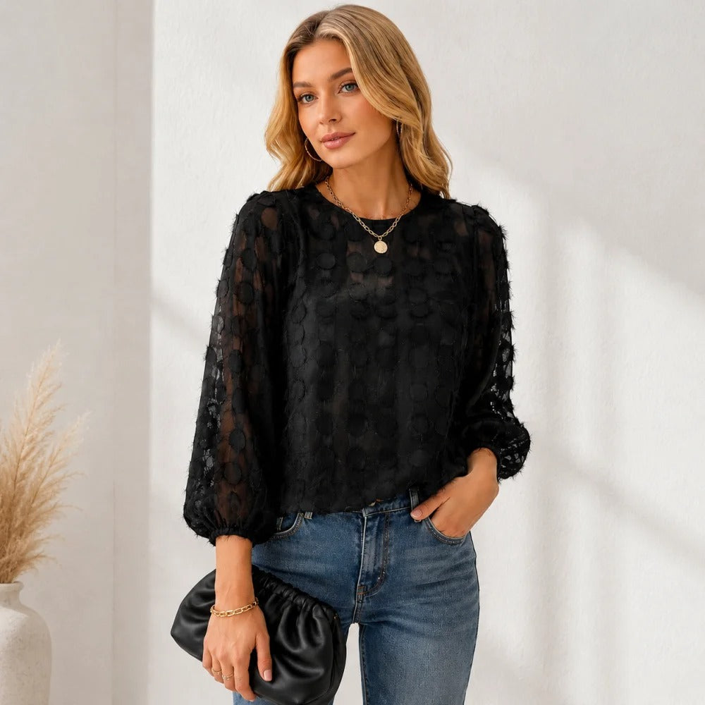 Sheer Textured Dot Print Top in Black