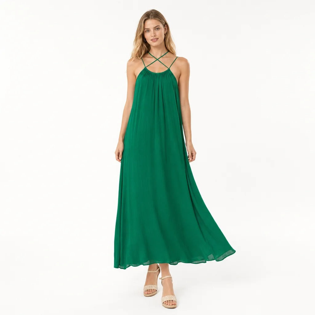 Crisscross Strap Flowy Maxi Dress in Green