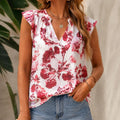 Sleeveless Ruffle-Trim Floral Top in Red and White