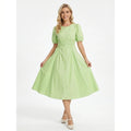Puff-Sleeve Fit-and-Flare Midi Dress in Light Green