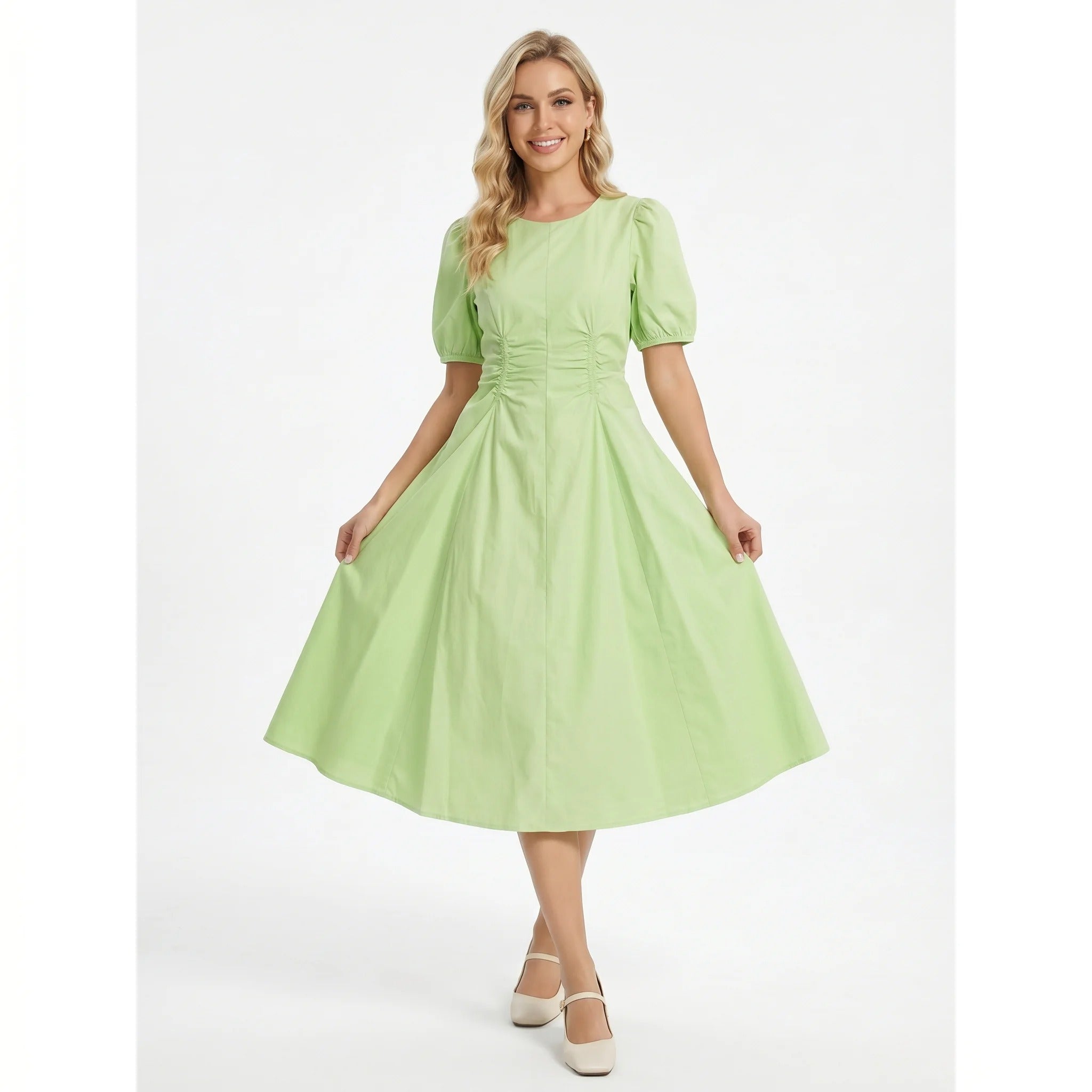 Puff-Sleeve Fit-and-Flare Midi Dress in Light Green