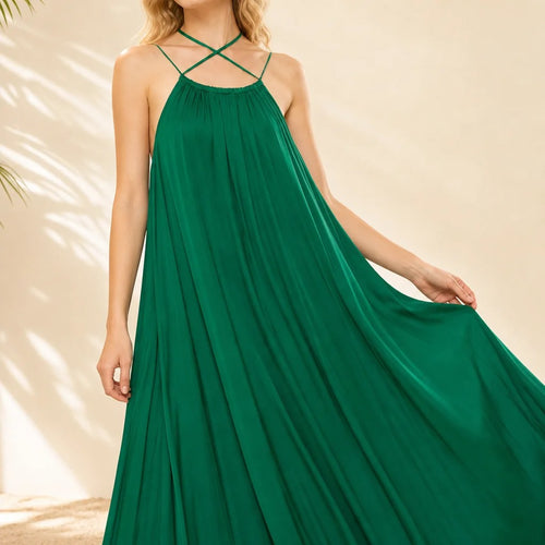 Crisscross Strap Flowy Maxi Dress in Green