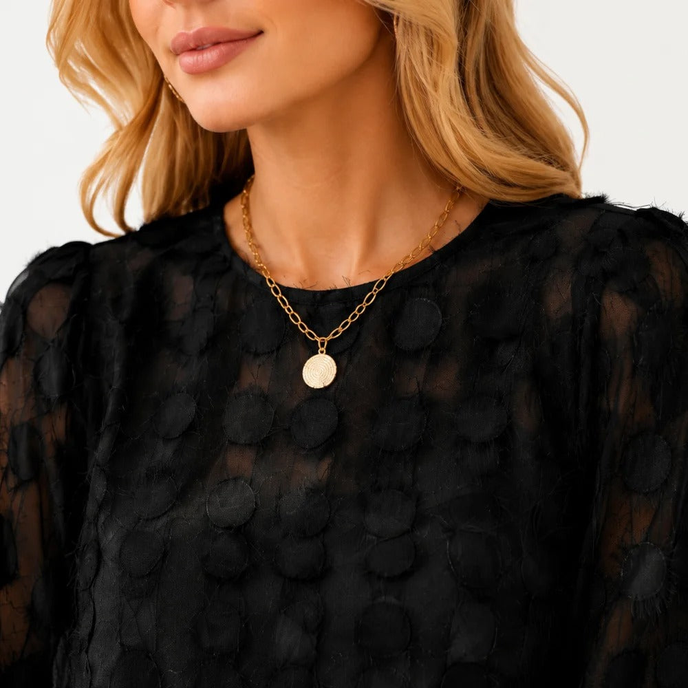 Sheer Textured Dot Print Top in Black