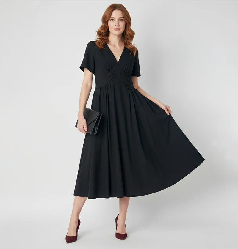 V-Neck Fit-and-Flare Midi Dress in Black