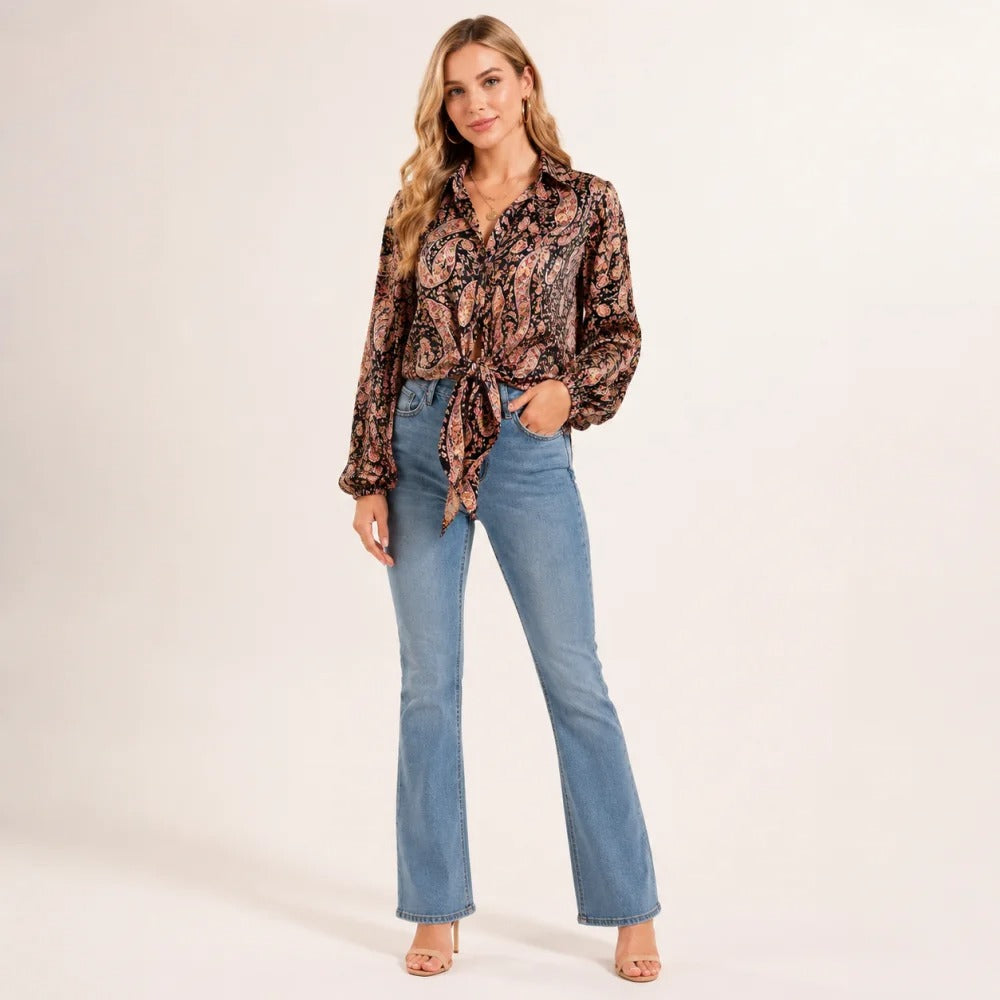 Paisley Print Tie-Front Shirt in Black and Multicolor