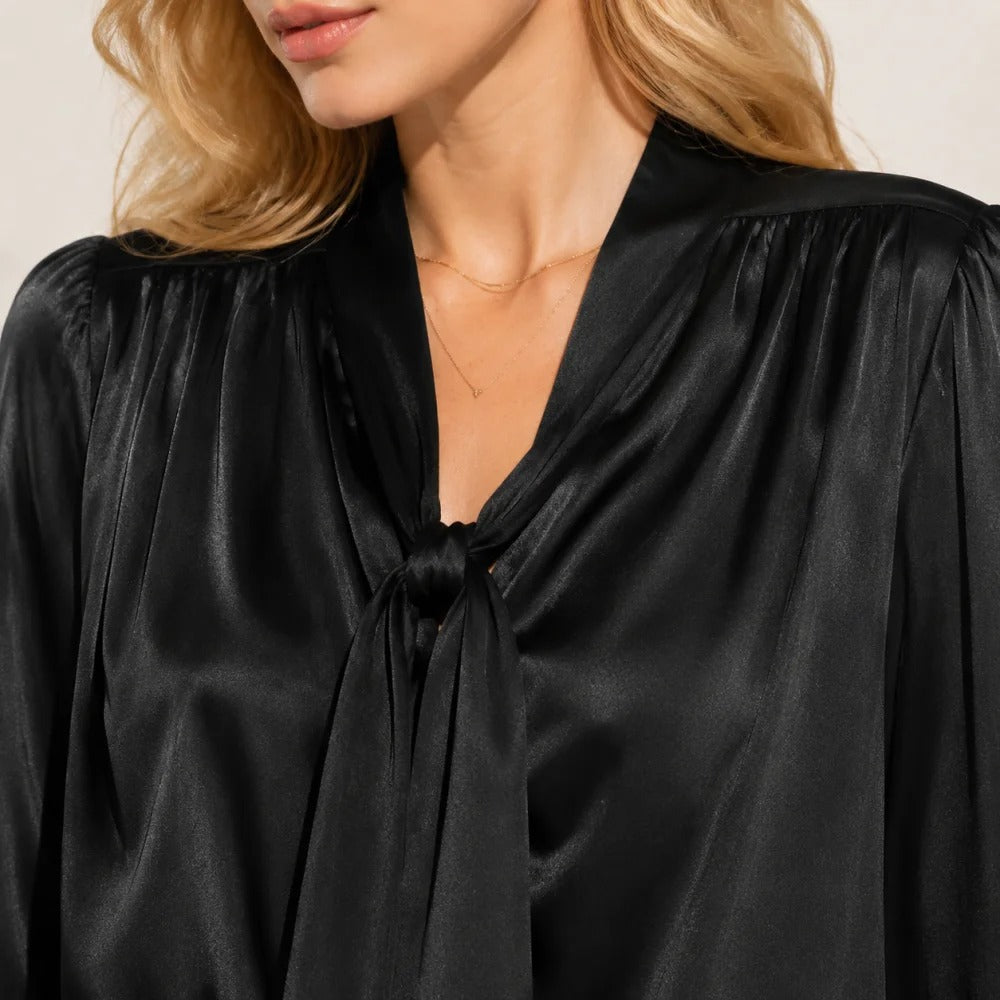 Satin Tie-Neck Blouse in Black