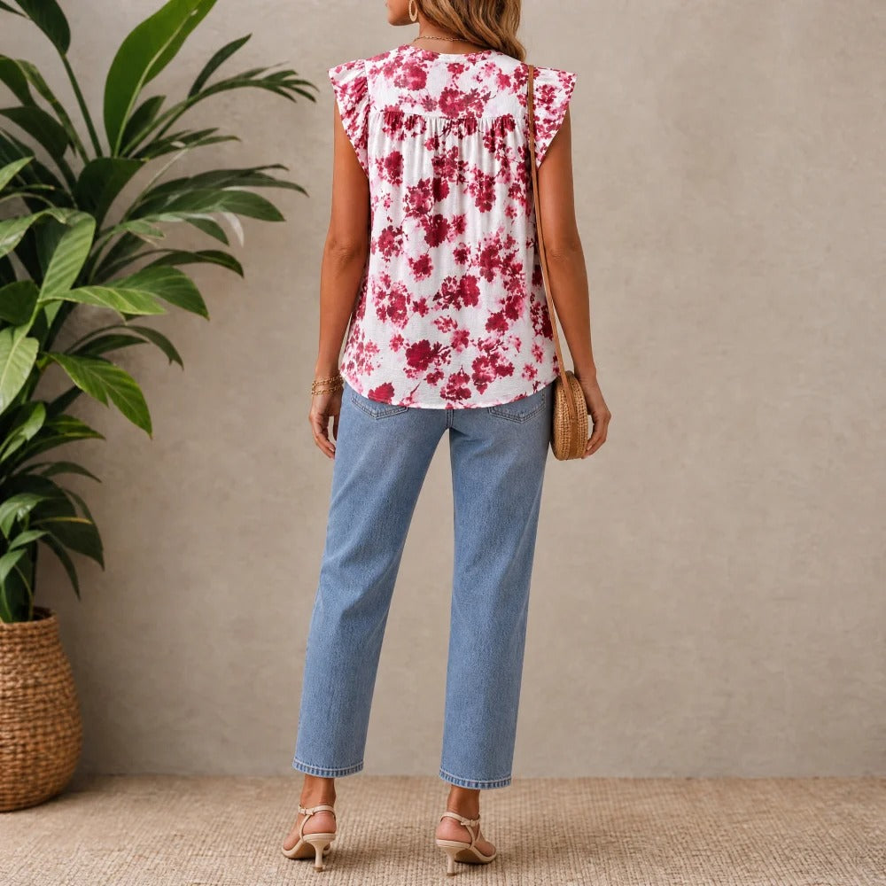 Sleeveless Ruffle-Trim Floral Top in Red and White