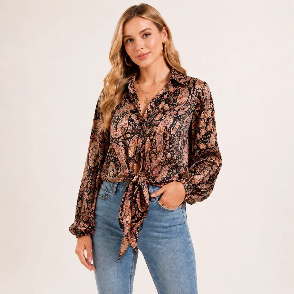 Paisley Print Tie-Front Shirt in Black and Multicolor