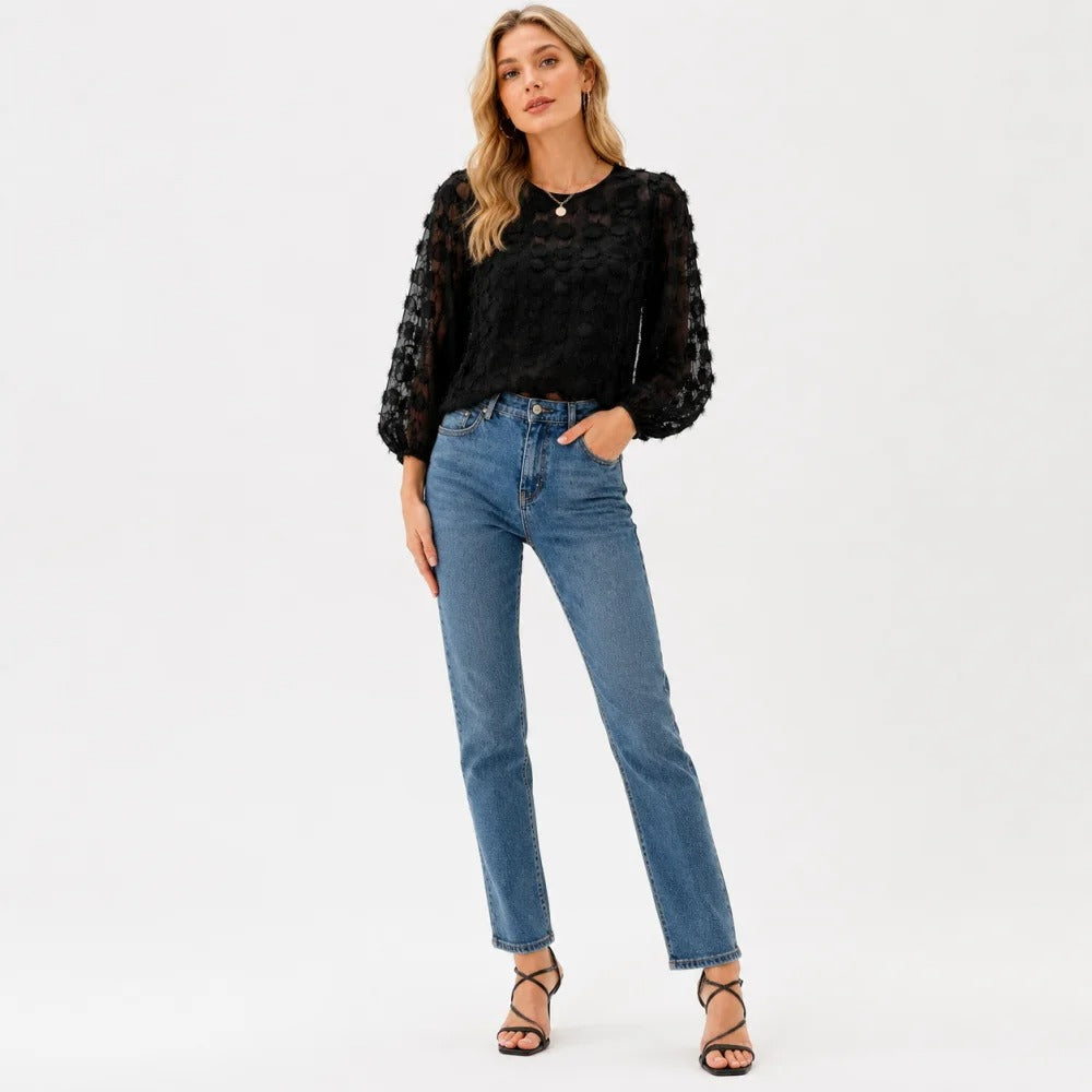 Sheer Textured Dot Print Top in Black