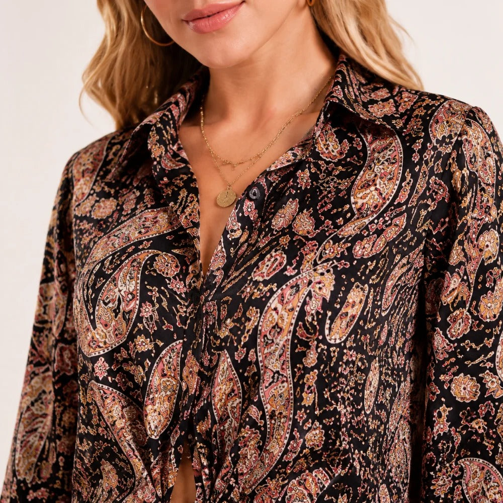 Paisley Print Tie-Front Shirt in Black and Multicolor