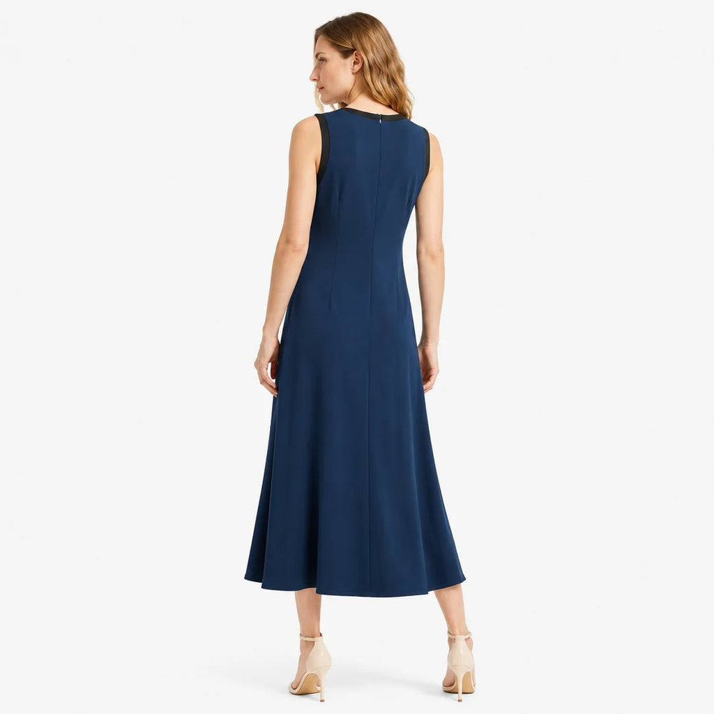 Sleeveless A-Line Midi Dress in Navy with Contrast Trim