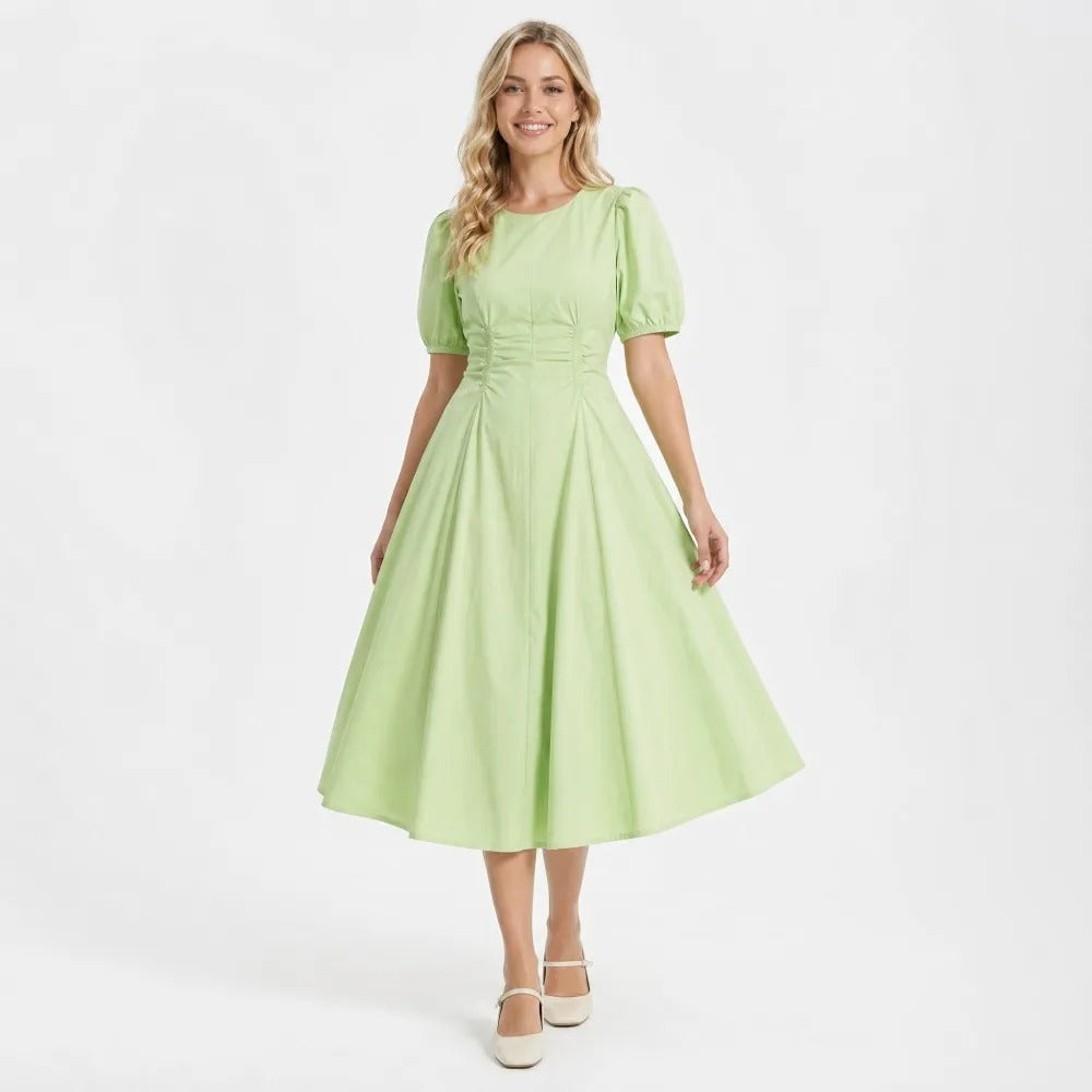 Puff-Sleeve Fit-and-Flare Midi Dress in Light Green