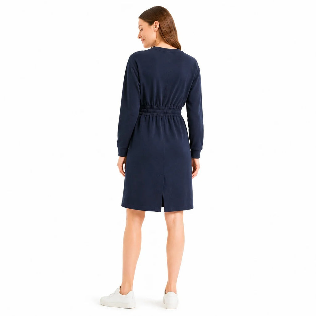 Long-Sleeve Sweatshirt Dress with Drawstring Waist in Navy